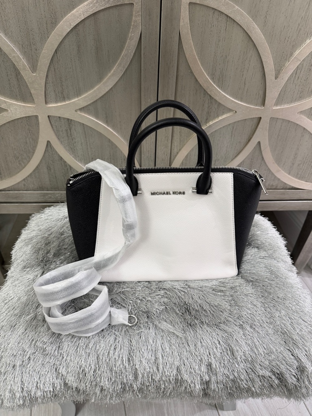Michael Kors Black & White Leather Colorblock Satchel